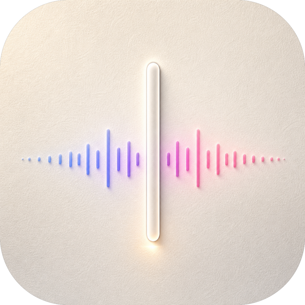 The Halopen app icon: a white pen lit from within, intersected by a horizontal audio waveform in cyan, periwinkle, and magenta, on textured cream paper.